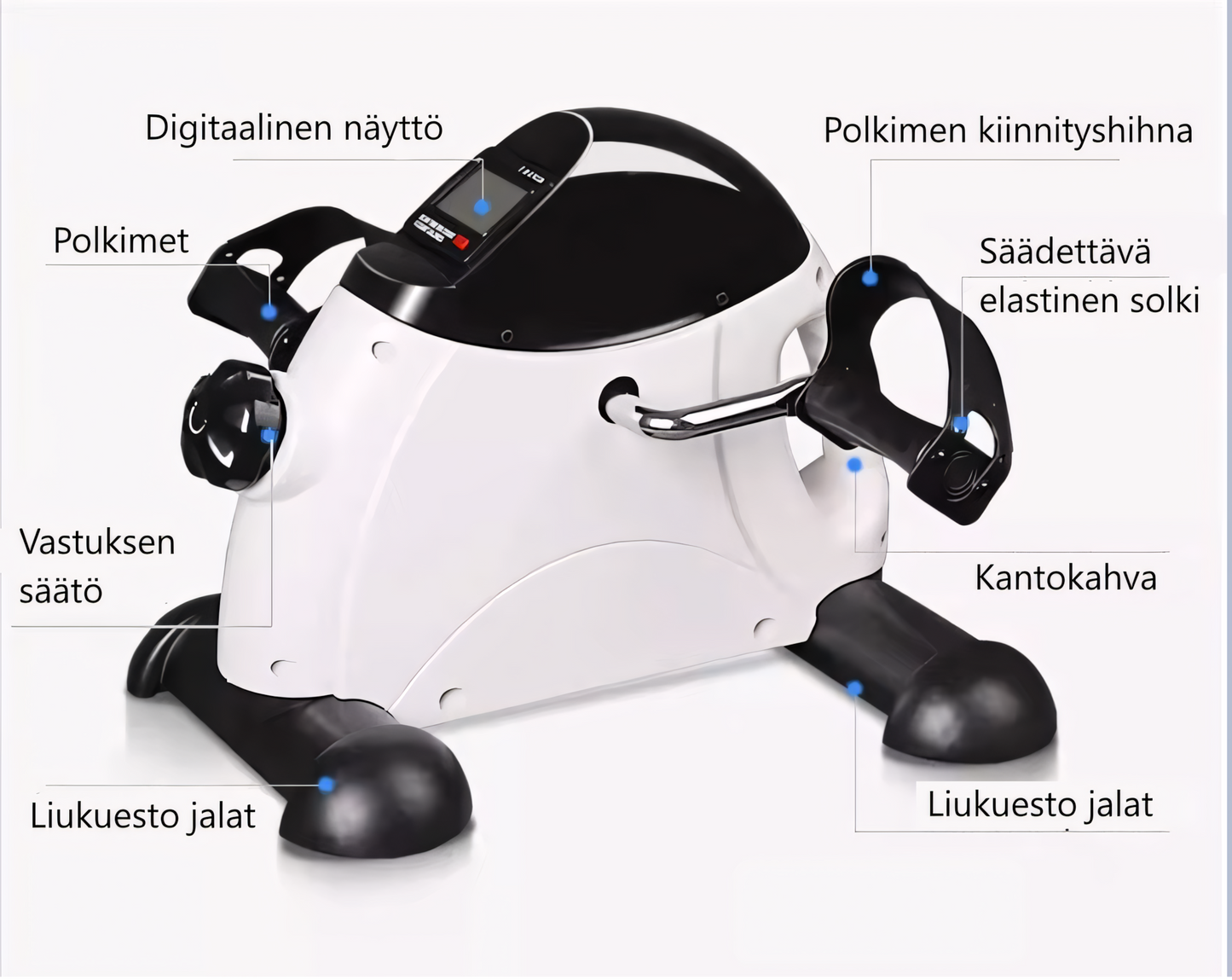 Valkoinen TerveysVoima minikuntopyörä LED-näytöllä jalkojen ja käsien harjoittamiseen kotona ja toimistolla