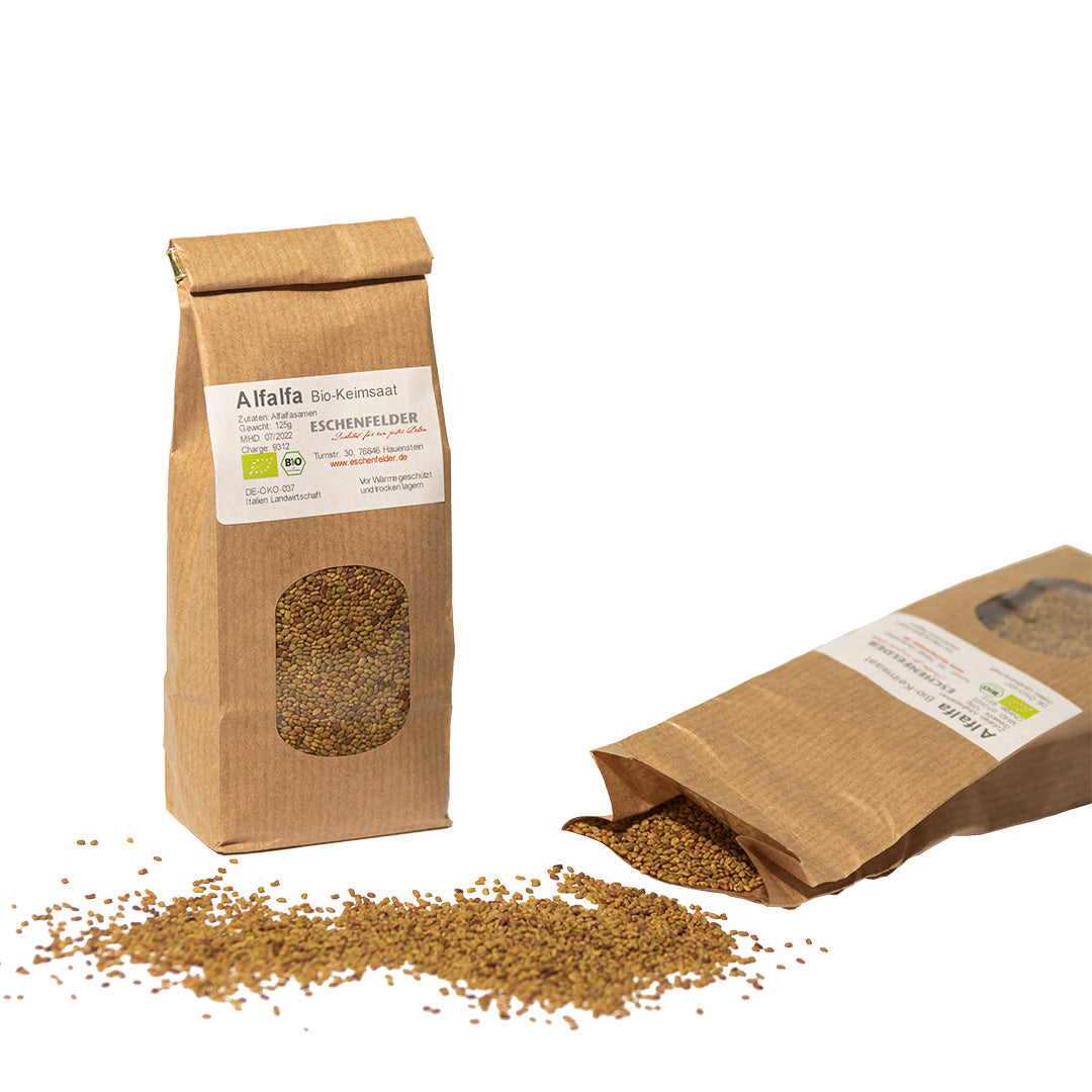 w2w terveys ja hyvinvointi Eschenfelder Alfalfa siemenet Sinimailanen luomu 125 g pusseissa siementen idätys