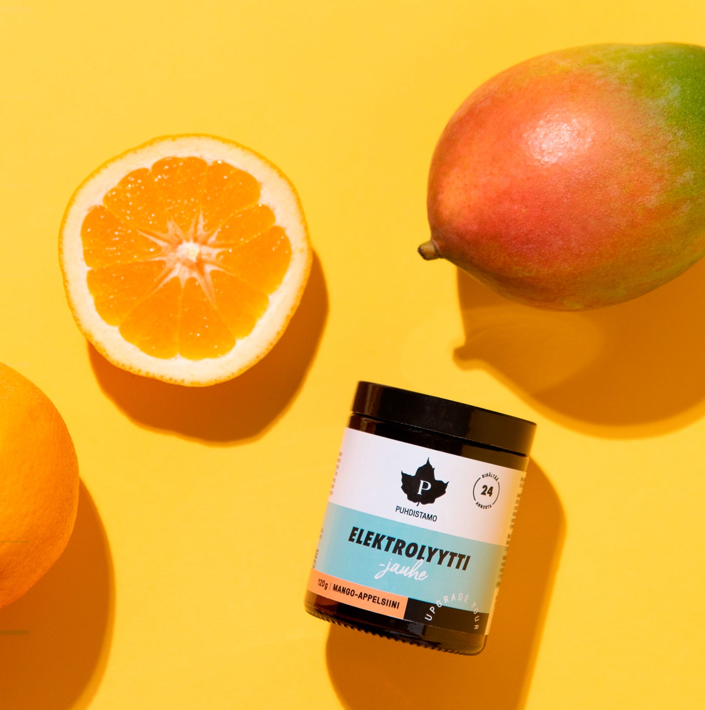 Puhdistamo Elektrolyyttijauhe - Mango-Appelsiini - 120 g - Tuoreen mangon ja appelsiinin vieressä - w2w terveys ja hyvinvointi