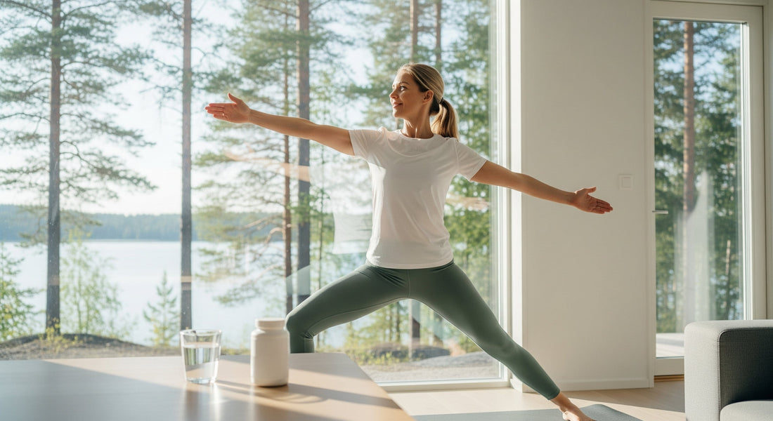 Nainen harjoittelee joogaa kotona, pöydällä ravintolisiä - nivelhyvinvointi ja terveelliset elintavat