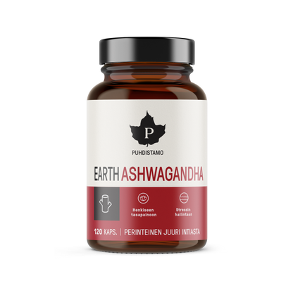 Puhdistamo EARTH Ashwagandha 120 kapselia w2w terveys ja hyvinvointi verkkokauppa