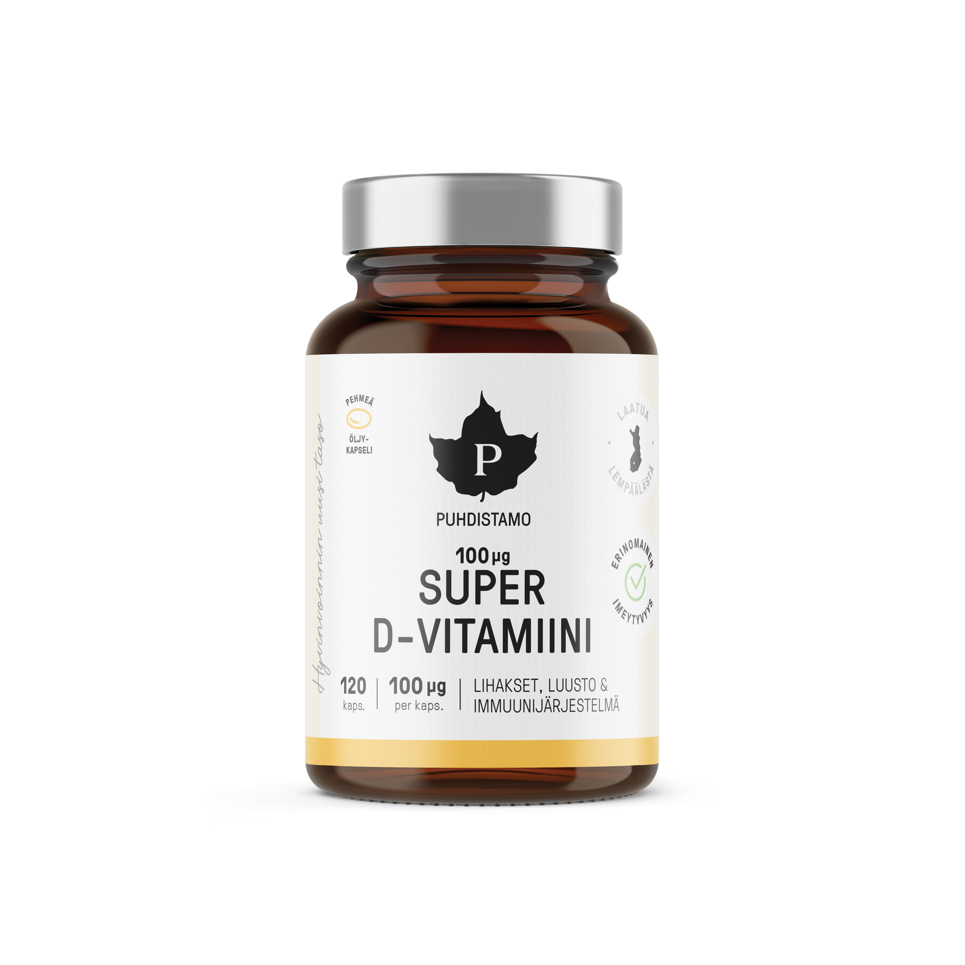 Puhdistamo Super D-vitamiini 60 kapselia 100µg D3-vitamiini A-vitamiini EPA ja DHA ravintolisä TerveysVoima verkkokaupasta