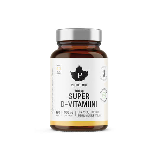 Puhdistamo Super D-vitamiini 60 kapselia 100µg D3-vitamiini A-vitamiini EPA ja DHA ravintolisä TerveysVoima verkkokaupasta