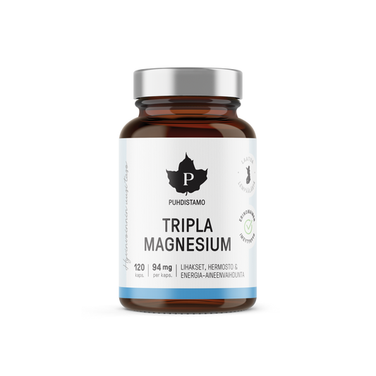 Puhdistamo Tripla Magnesium 94mg kapseli 120kpl kolmella magnesiumin muodolla  TerveysVoima verkkokaupasta